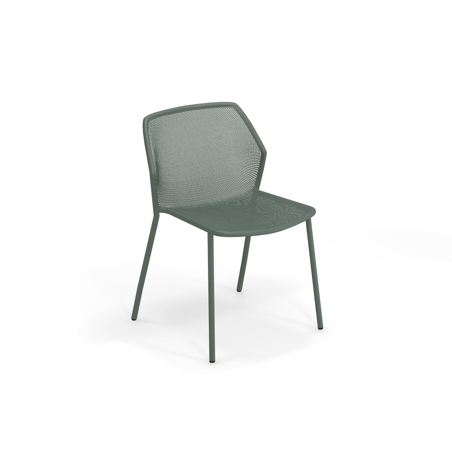Emu Darwin E521 outdoor stacking chair in dark green, featuring breathable steel mesh and lightweight tubular steel frame.
