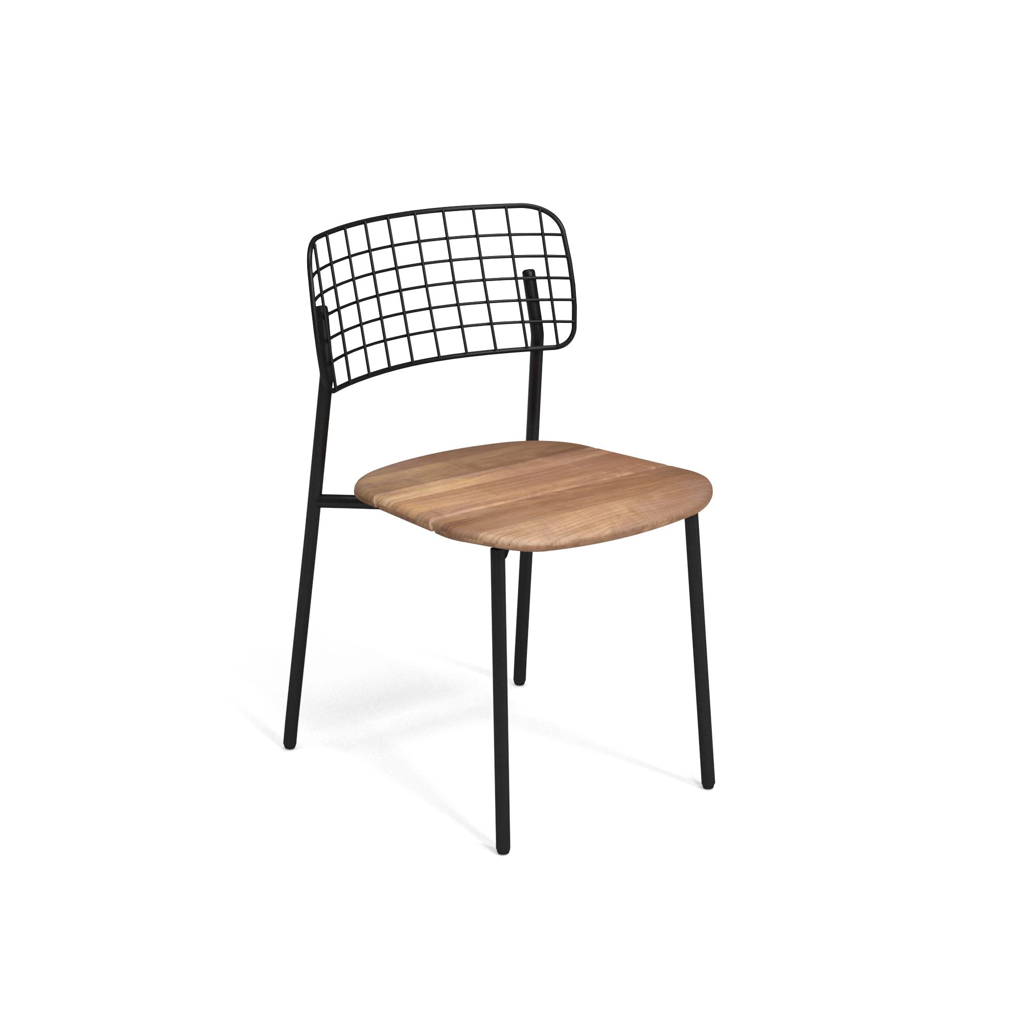 Emu Lyze E615T stacking side chair in black with teak wood slats, featuring E-coated aluminum frame ideal for restaurants, patios, and cafés.