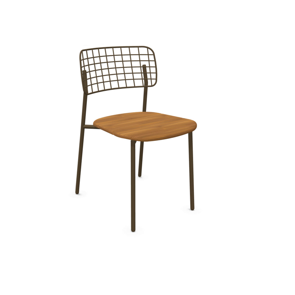 Emu Lyze E615T stacking side chair featuring a bronze powder-coated aluminum frame and teak slats, perfect for contemporary outdoor dining spaces.