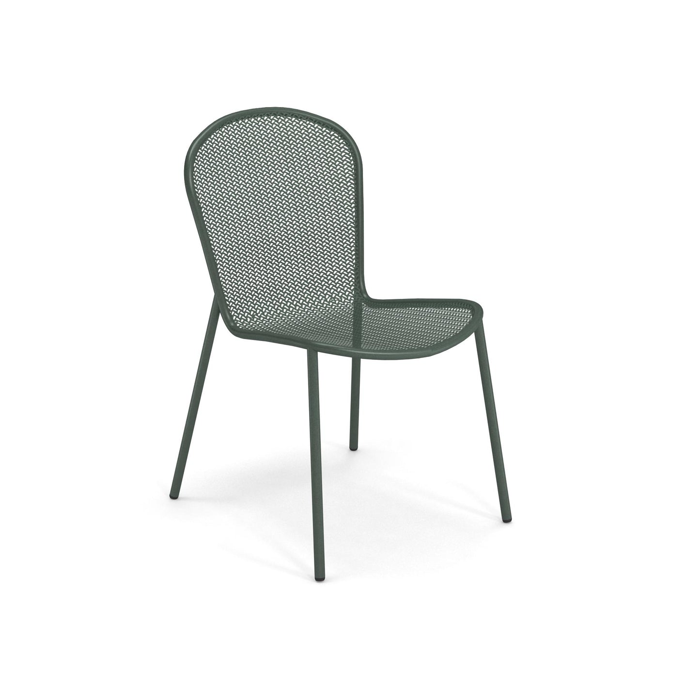 Emu Ronda 2.0 E457 stacking outdoor chair in dark green, featuring powder-coated tubular steel and breathable mesh seat.