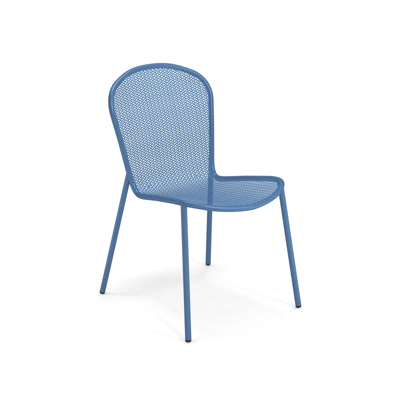 Emu Ronda 2.0 E457 stacking chair in marine blue steel mesh with powder-coated tubular frame, ideal for modern patios and restaurant terraces.