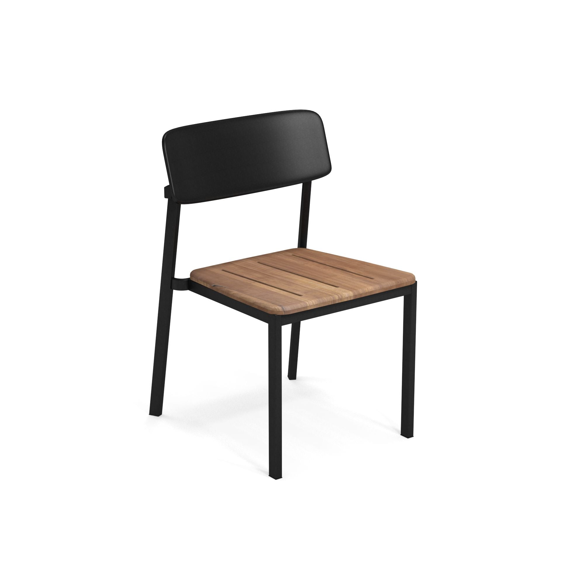 Emu Shine E247T stacking outdoor chair in black powder-coated aluminum with teak seat and back slats, built for indoor and outdoor restaurant use.