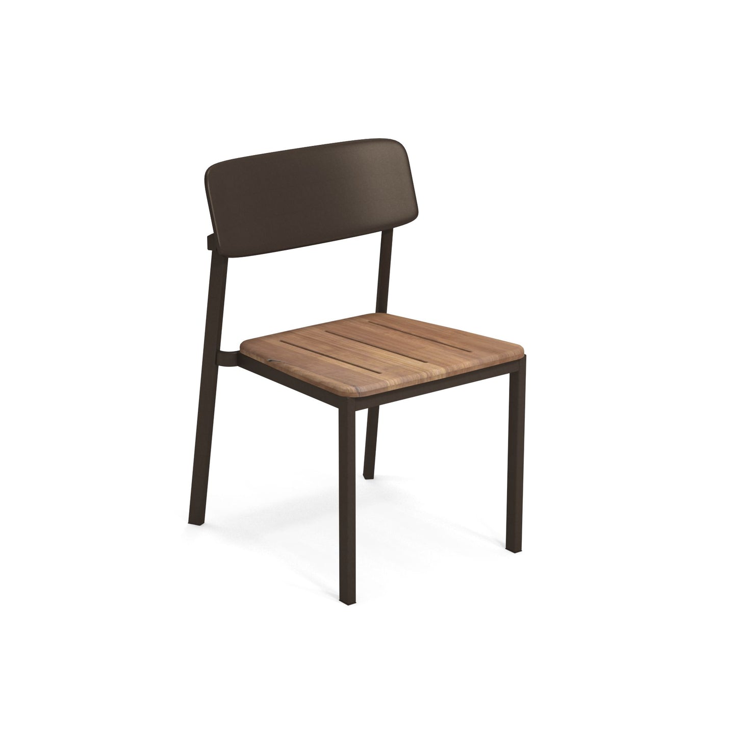 Emu Shine E247T outdoor dining chair in bronze aluminum with warm teak slats, combining durability and elegance for hospitality and home settings.
