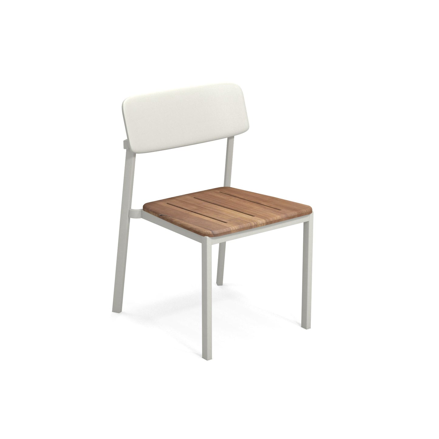 Emu Shine E247T stacking side chair in white aluminum with natural teak seat and back, ideal for modern patios, cafés, and coastal dining spaces.