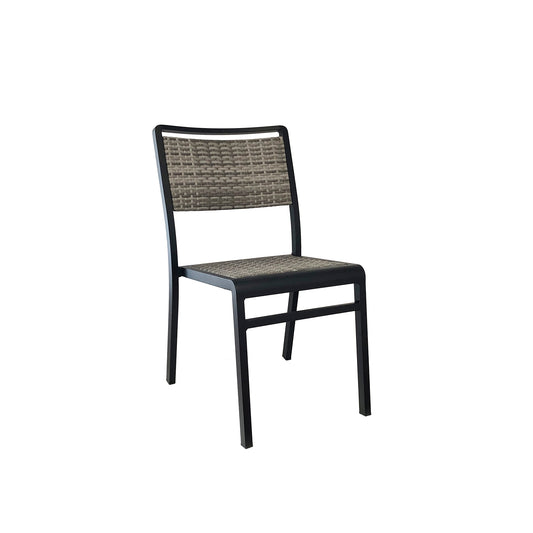 Emu Sid A1030 HD outdoor dining chair in grey aluminum with handwoven all-weather wicker seat and back, ideal for restaurants, patios, and modern hospitality spaces.