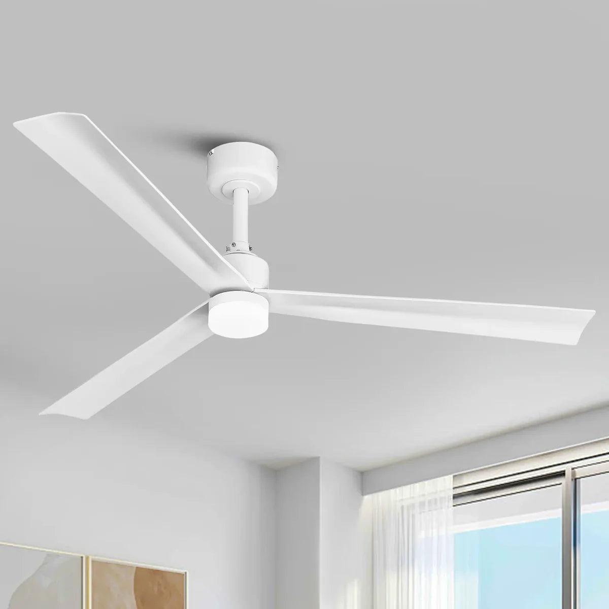 Modern white ceiling fan with three blades and dimmable LED lighting for commercial interiors