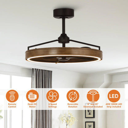 Brown downrod ceiling fan with warm LED lighting and six-speed remote control