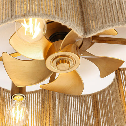 Golden rattan ceiling fan with three-bulb light kit and wireless APP control