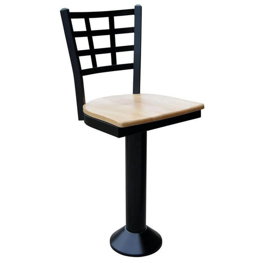 Front view of floor-mounted counter stool with wood seat and lattice window metal back, heavy-duty swivel base for restaurants and cafés.