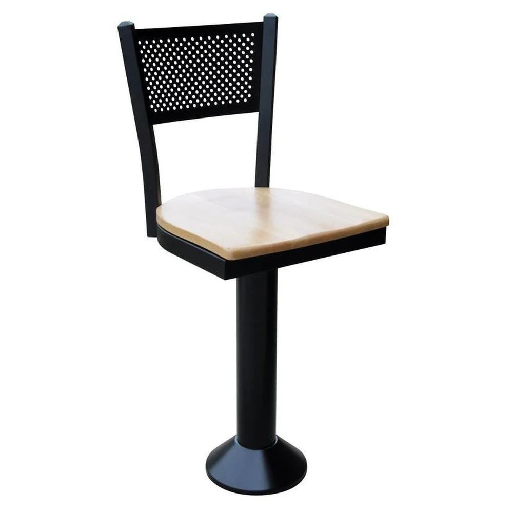 Front view of floor-mounted counter stool with upholstered swivel seat and mesh metal back, ideal for restaurants and bars.