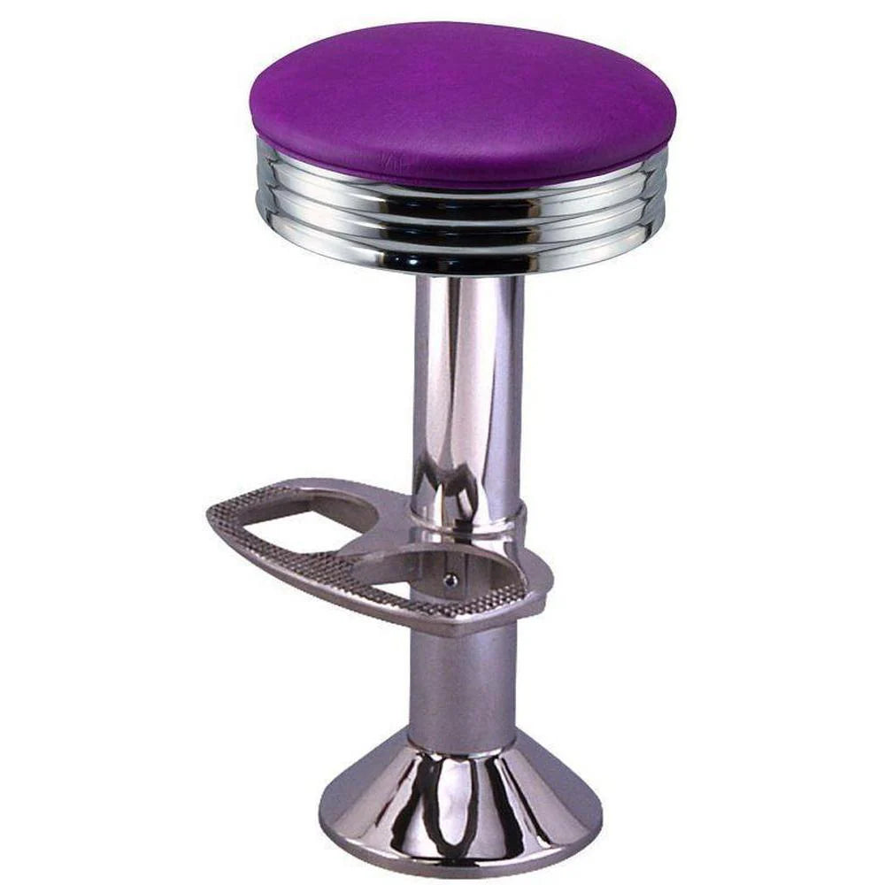 Front view of chrome soda fountain stool with swivel seat and retro design, built for commercial dining and hospitality use.