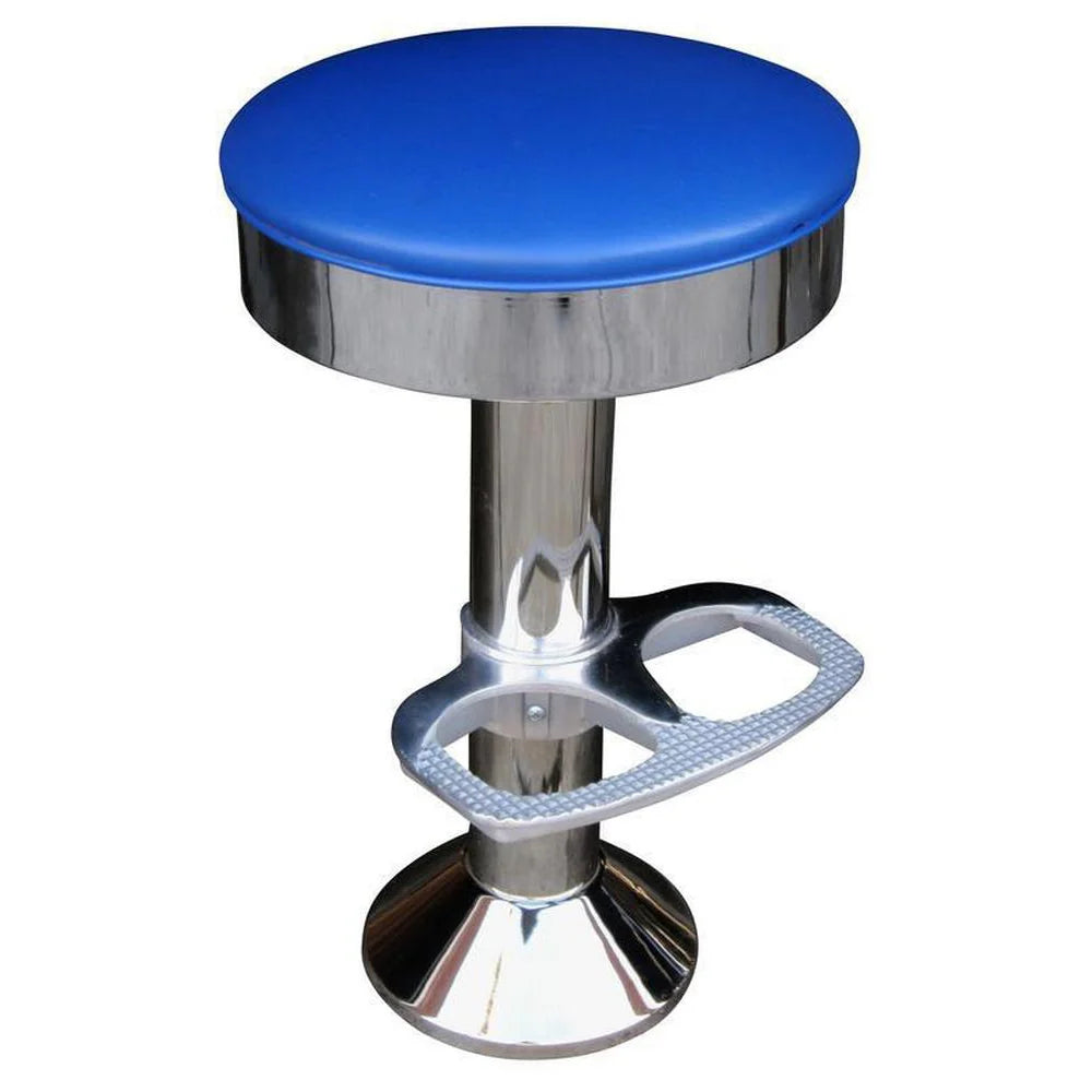Front view of chrome floor-mounted soda fountain stool with 360-degree swivel seat and padded top, built for commercial dining.