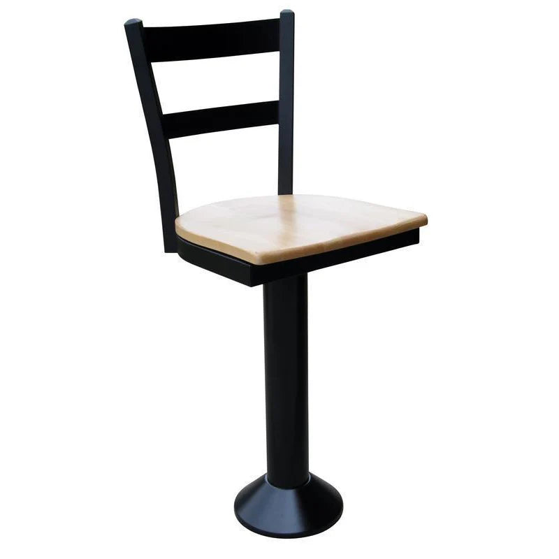 Front view of floor-mounted counter stool with solid wood seat and two-ladder metal back, heavy-duty swivel base for restaurants and cafés.
