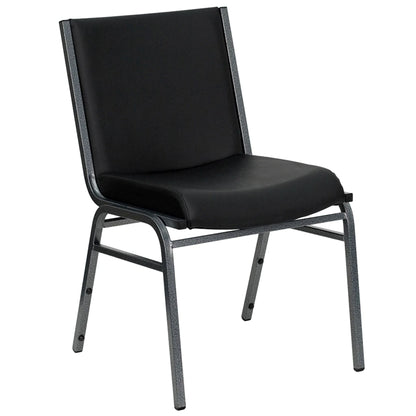 Stacking chair with oak-finish frame, silver vein steel legs, and black vinyl padded seat and backrest, front view.