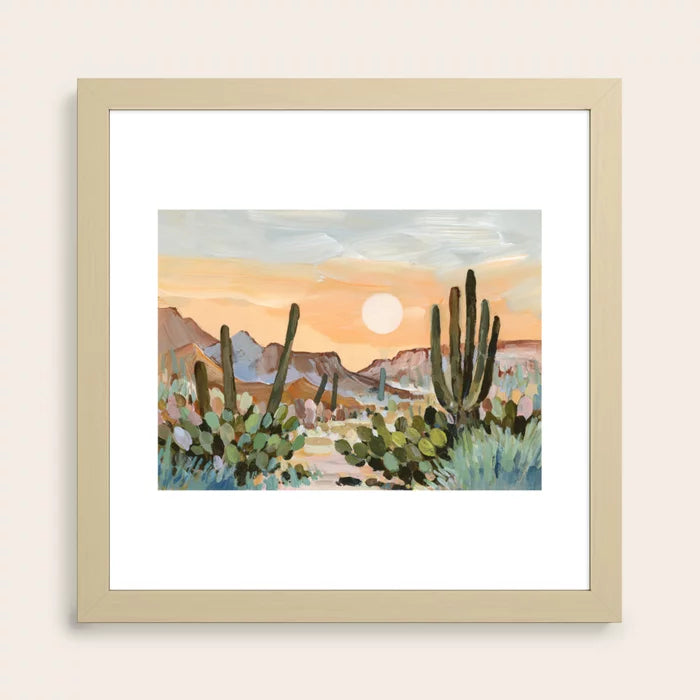 Glowing Desert Moon Tucson Art Print by Shina Choi Art in maple wood frame, offering warm desert hues and natural texture, designed for restaurants, bars, and hotel suites.