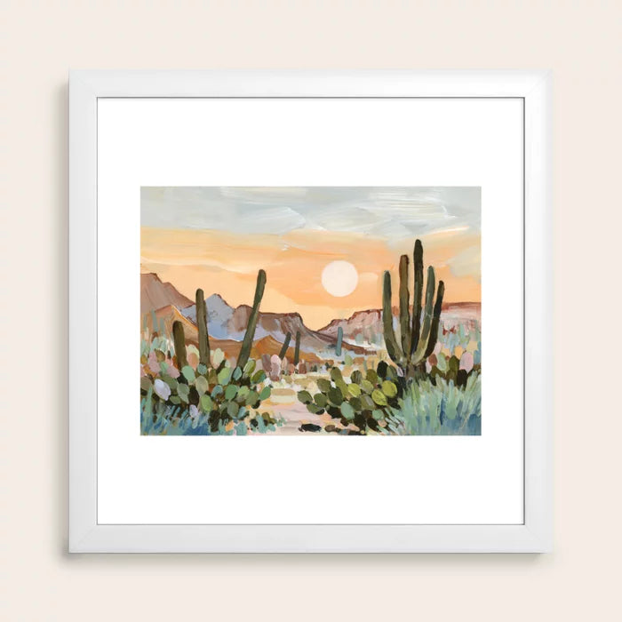 Glowing Desert Moon Tucson Art Print in white frame, showcasing soft desert tones and a luminous moon design, ideal wall décor for boutique hotels, coffee shops, and restaurants.