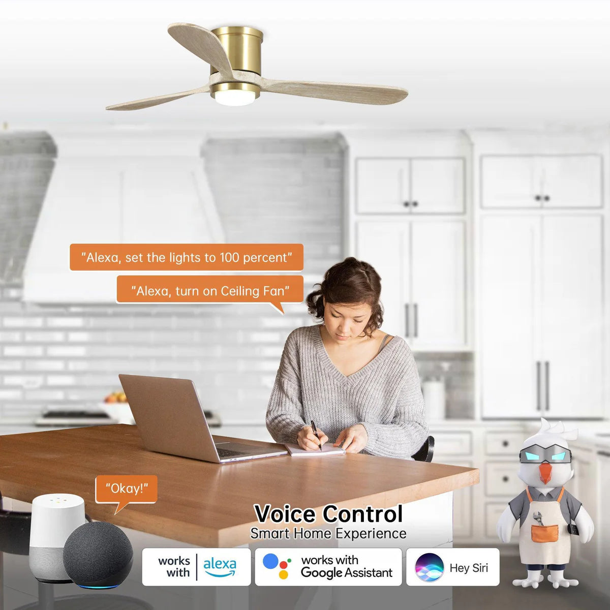 52-inch smart ceiling fan with LED lighting and voice control for modern interiors