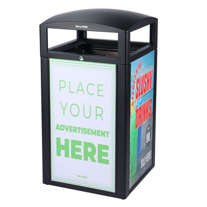 Rugged 40-gallon all-weather trash container in grey stone with advertising panels