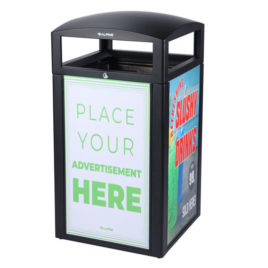 Rugged 40-gallon all-weather trash container in grey stone with advertising panels