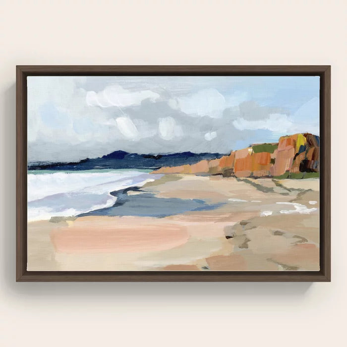Half Moon Bay Canvas Print by Shina Choi Art in walnut frame, rich warm wood wall décor featuring a tranquil ocean scene, perfect for boutique hotels, upscale restaurants, and lounge spaces.