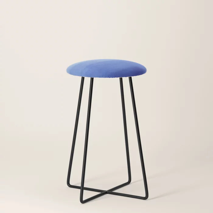 Hand Painted Navy Blue Aqua Watercolor Ombre Counter Stool by Pink Water with black steel legs – modern vegan leather seating perfect for restaurants, bars, and cafés