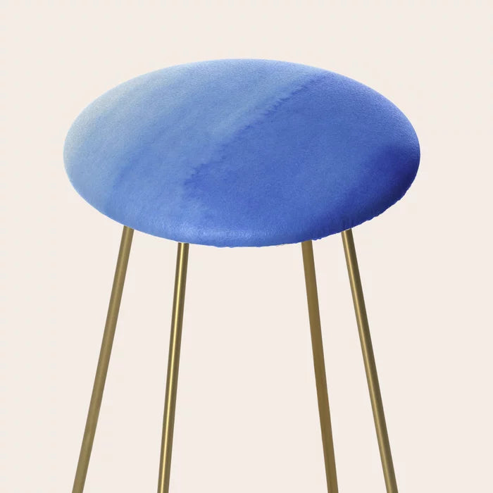 Above view of Hand Painted Navy Blue Aqua Watercolor Ombre Stool by Pink Water showing artistic watercolor ombre pattern on vegan leather seat – perfect for restaurants, hotel bars, and cafés