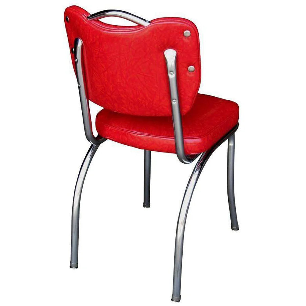 Back view of cracked ice red diner chair featuring chrome handle and smooth retro upholstery.