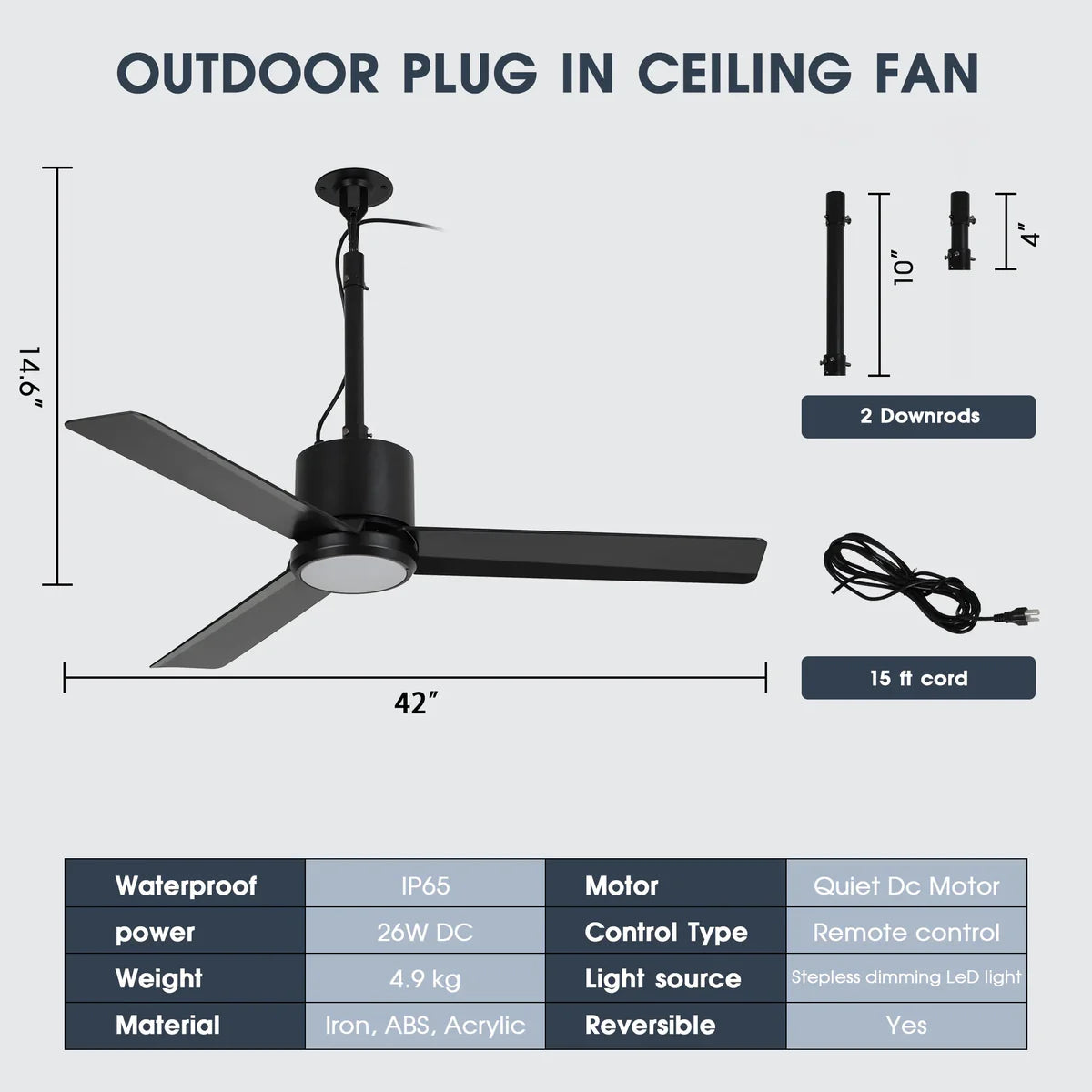 Matte black outdoor ceiling fan with energy-efficient DC motor and reversible airflow