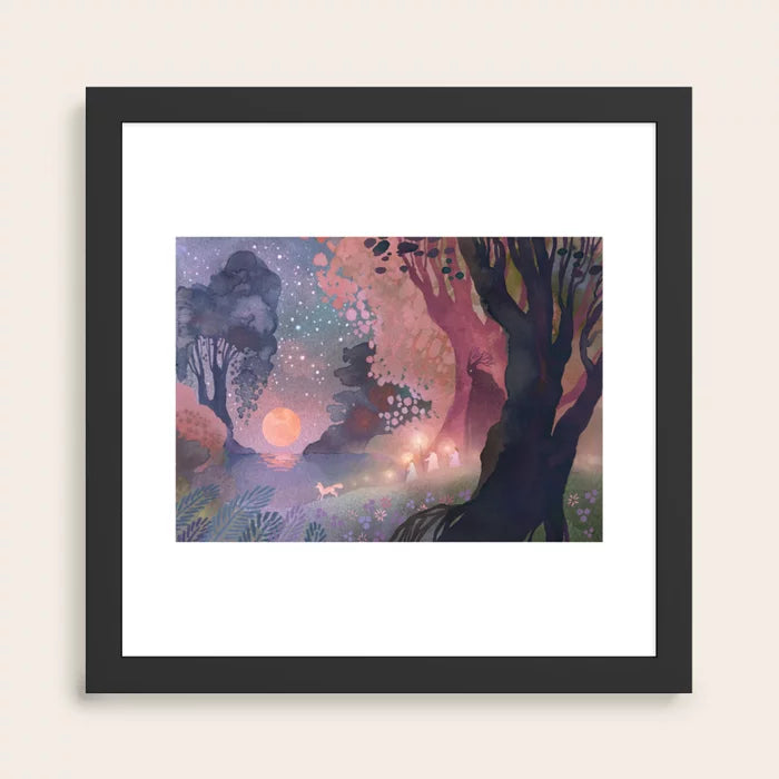 Harvest Moon Art Print by Ulla Thynell in black frame, modern wall art with autumn tones and moonlit forest theme, perfect for restaurant dining rooms, hotel lounges, and coffee bars.