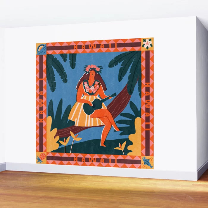 Hawaii Wall Mural by Tasiania installed in a tropical restaurant or boutique hotel – 8-foot coastal art mural inspired by Bali’s island lifestyle for hospitality interiors