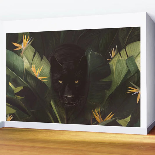 Hello Panther! Wall Mural by Florent Bodart installed in a modern restaurant or boutique hotel – 8x12 foot contemporary animal wall art for hospitality spaces