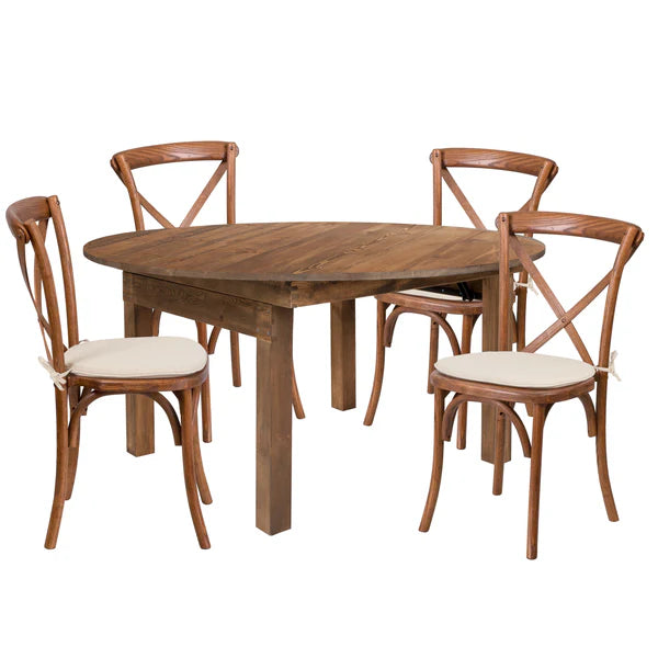 60-inch round solid pine farm table set with cross back chairs and cushions for restaurants and hotels