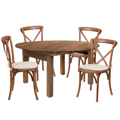 60-inch round solid pine farm table set with cross back chairs and cushions for restaurants and hotels