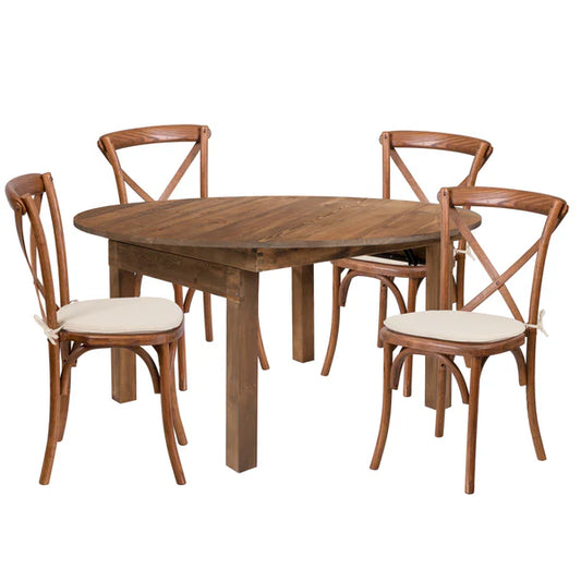 60-inch round solid pine farm table set with cross back chairs and cushions for restaurants and hotels