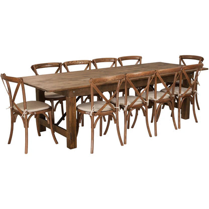 9-foot folding farm table set with cross-back chairs and cushions for restaurants and hotels