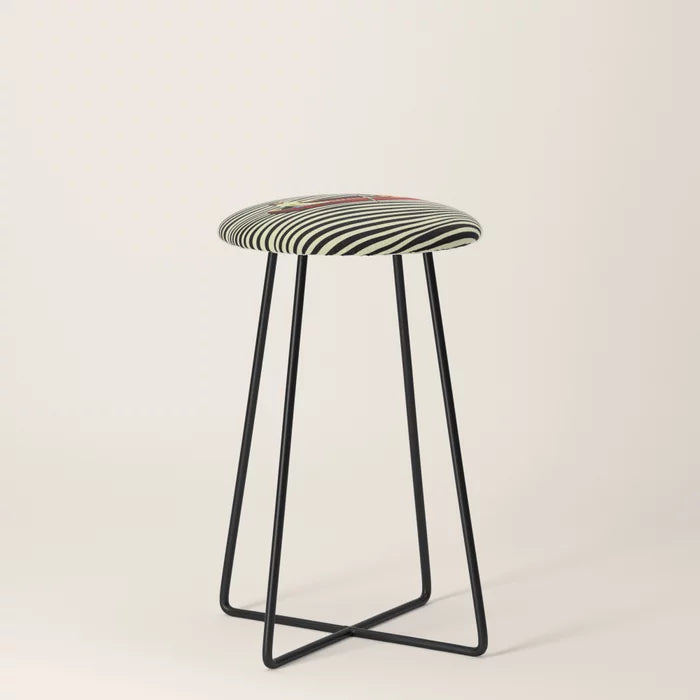 Illusionary Boat Ride Bar Stool by Taudalpoi with black steel legs – surreal modern stool with dreamlike artwork for boutique hotel lounges, restaurants, and café interiors