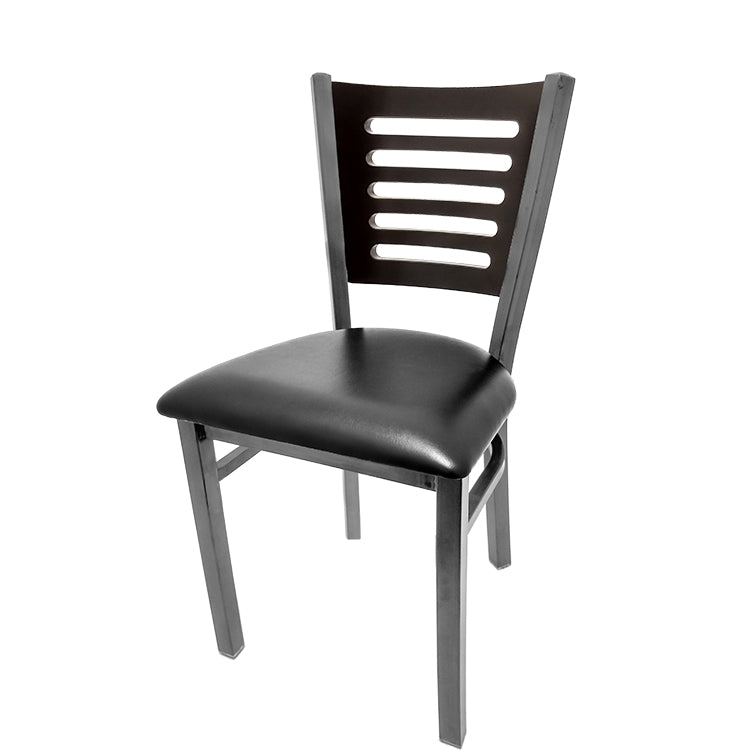 Black metal chair with slatted backrest on a white background