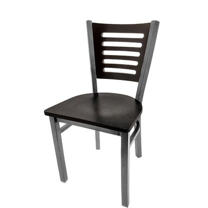 Black wooden chair with slatted back on a white background