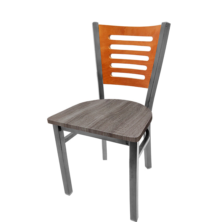 Chair with wooden backrest and seat on a white background