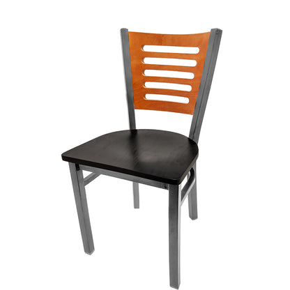 Chair with wooden backrest and black seat on a white background