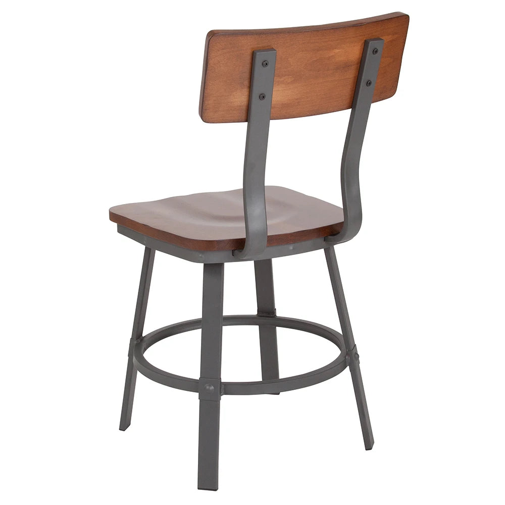 Industrial Metal Dining Chair – Gray Steel Frame with Walnut Beechwood Seat