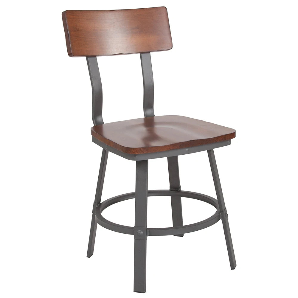 Industrial Metal Dining Chair – Gray Steel Frame with Walnut Beechwood Seat
