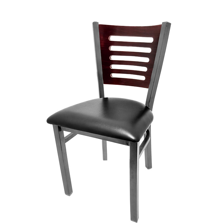 Chair with wooden backrest and black seat on a white background