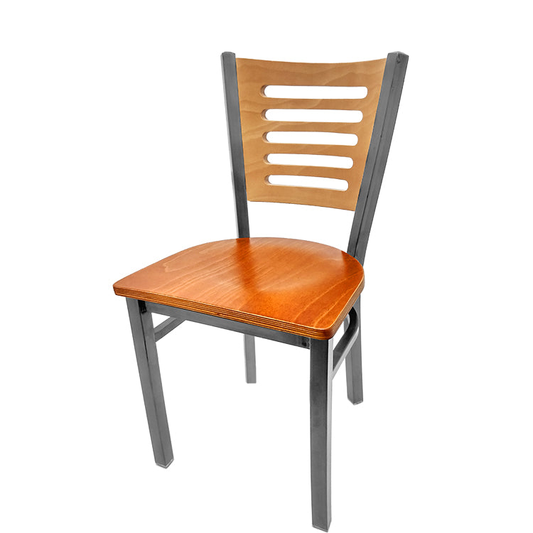 Industrial Metal Dining Chair with 5-Line Wood Back and Clear Coat Steel Frame