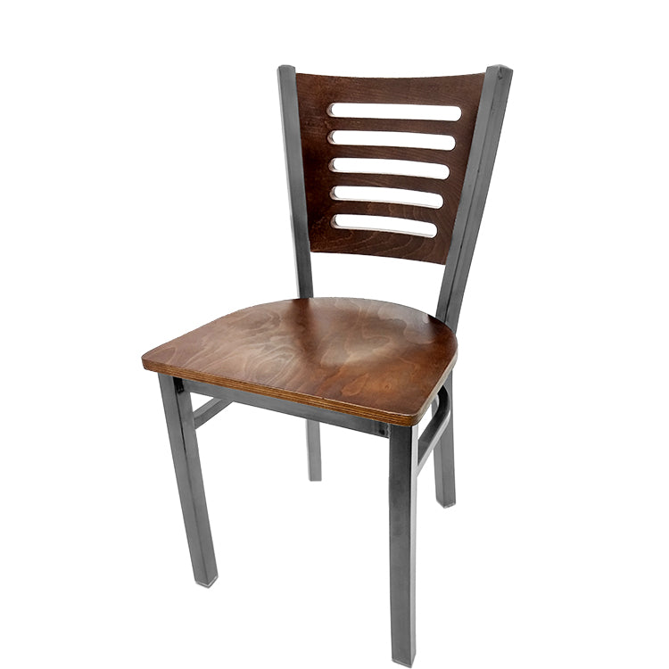 Industrial Metal Dining Chair with 5-Line Wood Back and Clear Coat Steel Frame