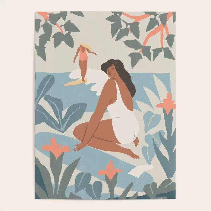Island Breeze Poster by Tasiania featuring tropical-inspired art with soft ocean hues and palm leaf design, printed on smooth gloss paper