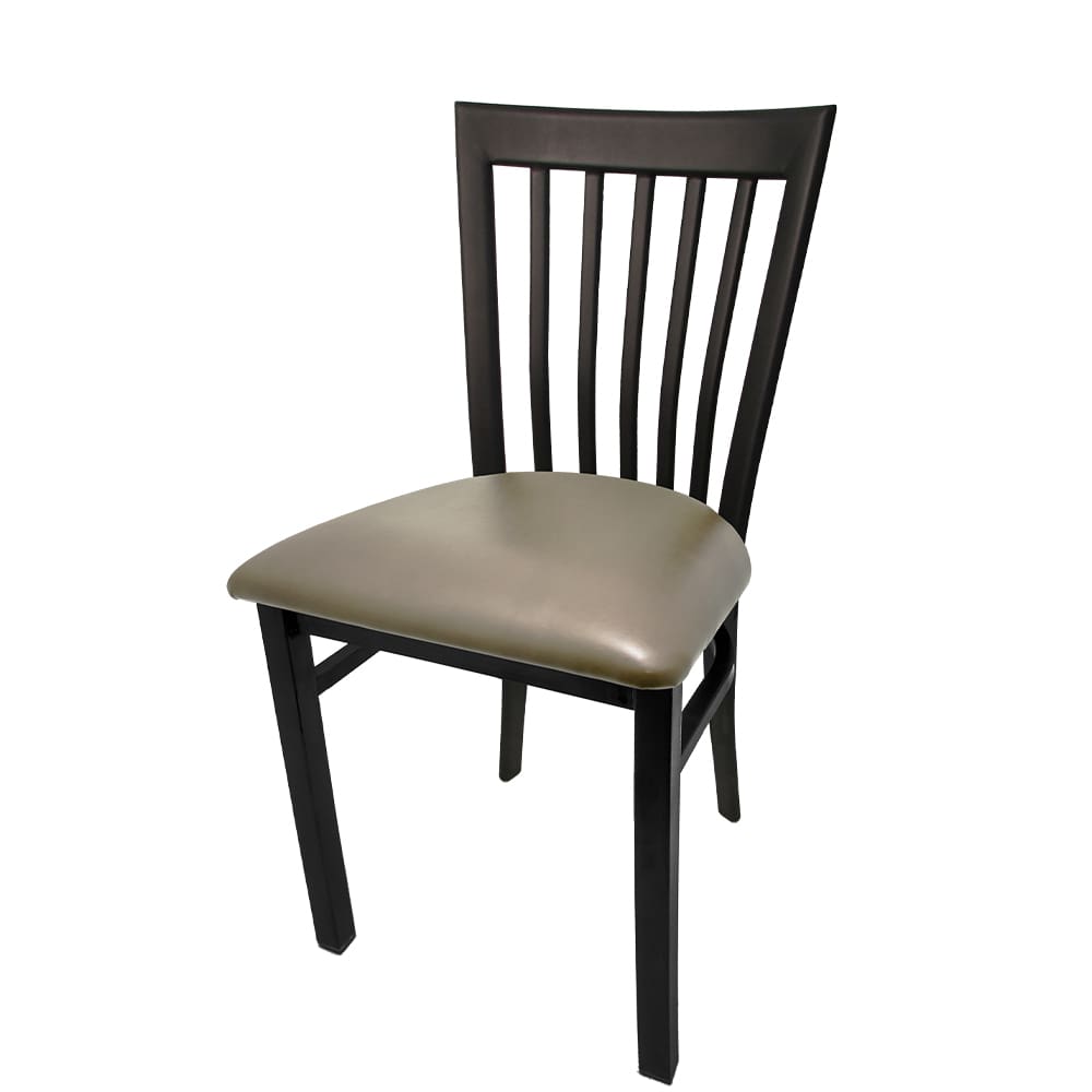 Chair with black frame and beige cushion on a white background