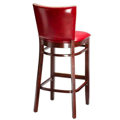 Jerome beech wood bar stool with customizable upholstery and stained wood frame, handcrafted for commercial dining and bar spaces rear view