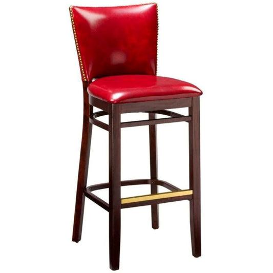Jerome beech wood bar stool with customizable upholstery and stained wood frame, handcrafted for commercial dining and bar spaces, front view.