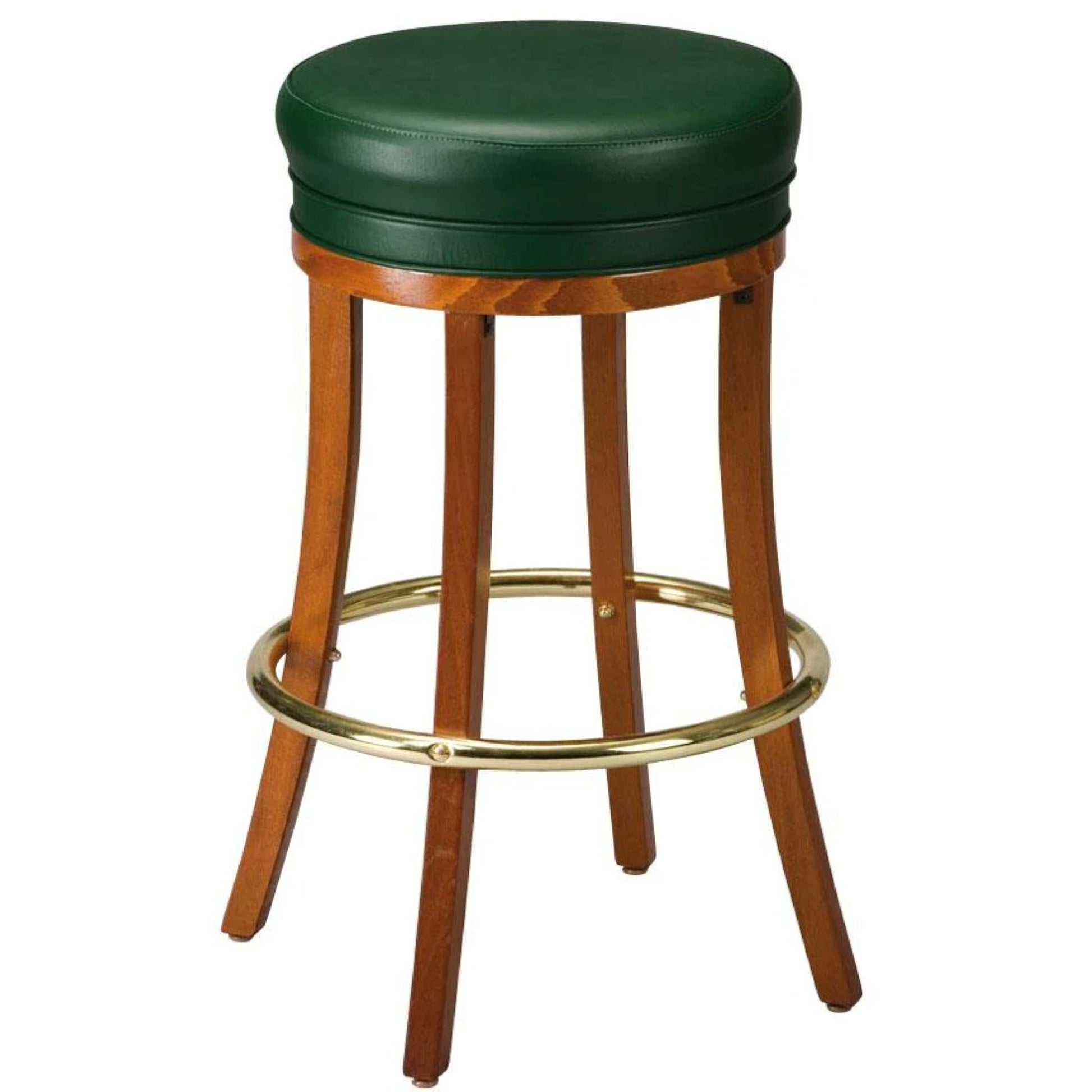 Backless beech wood bar stool in medium stain with a green leather seat, featuring warm wood tones and a durable handcrafted design suitable for commercial or home spaces.